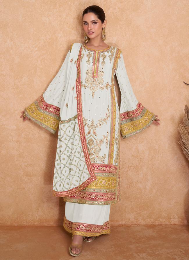 Chinnon Silk White Party Wear Embroidery Work Readymade Palazzo Suit